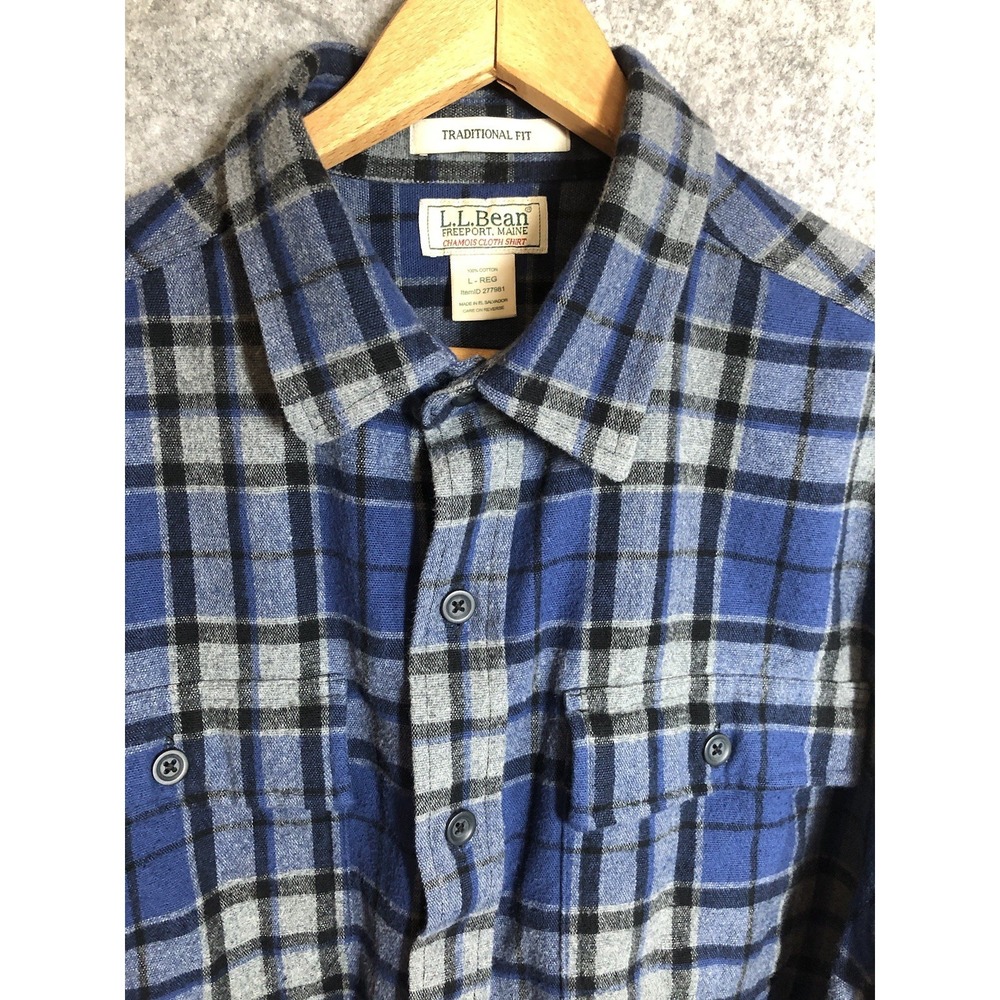 L.L. Bean Shirt Mens Large Blue Plaid Chamois Flannel‎ Fish Camp Hike Outdoors